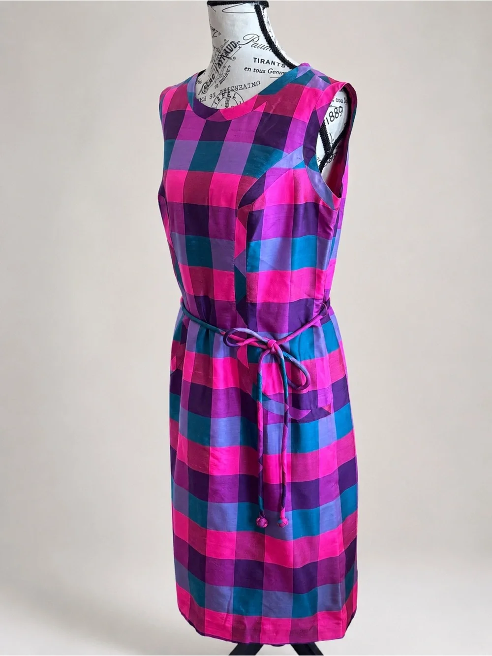 Vintage 60s Johnson Dong Hong Kong Vibrant Mod Secretary Geek Plaid Belted Dress